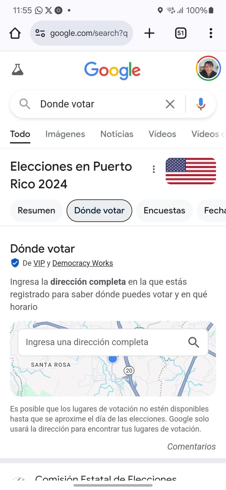 Al escribir "donde votar", Google presenta un mapa en el que podrás escribir tu dirección, lo que resultará en una lista de lugares donde podrás acudir para votar (foto: Google)